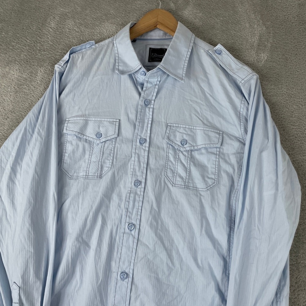7 Diamonds Shirt Mens Large Blue Stretch Epaulette Military Utility Pockets